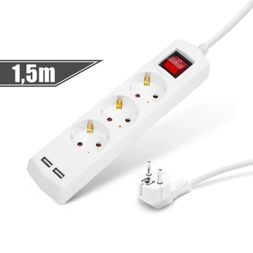 Elosztó 3-as - 3 x 1,5 mm - 1,5 m - 2 x USB-vel - kapcsolós 20221U Delight