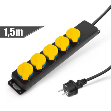 Kültéri elosztó fedéllel - 1,5 m - 5 x 230V - 3 x 1,5 mm2, gumi  - IP44 20223E Delight