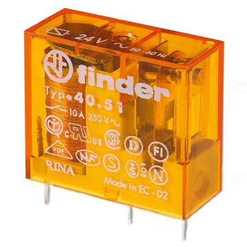 FINDER 40.51.8.024.0000 printrelé, 1 váltóérintkező,10A 24v AC, 1co  lábkiosztás-5mm