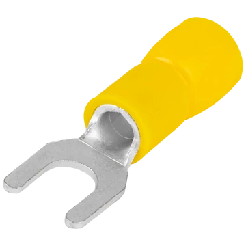 Szigetelt villás saru, ónozott elektrolitréz, sárga 6mm2, M4, (d1=3,4mm, d2=4,3mm), PVC SV4