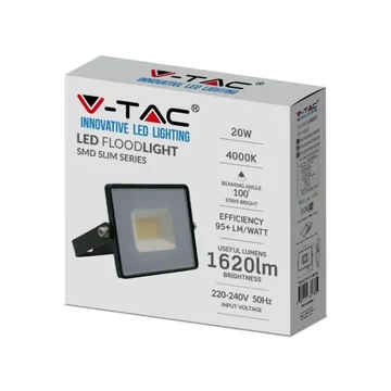 V-TAC E-széria LED reflektor 20W természetes fehér. fekete házzal - SKU 215947                                