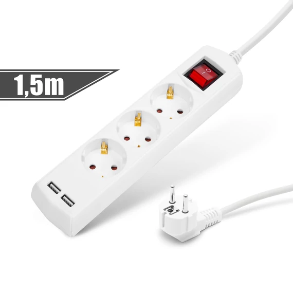Elosztó 3-as - 3 x 1,5 mm - 1,5 m - 2 x USB-vel - kapcsolós 20221U Delight