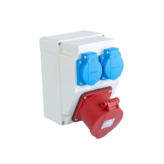TP Electric ipari csatlakozó doboz 5P 32A 400V + 2db 2P+F 230V szerelt IP44 3317-200-7000H