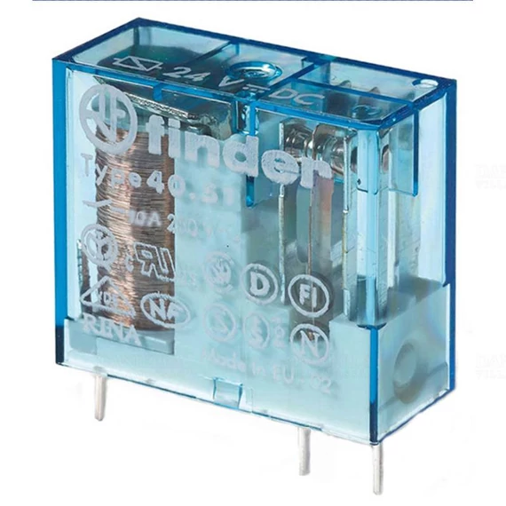 FINDER 40.51.9.024.0000 printrelé, 1 váltóérintkező, 10a, 24v, DC, 1co, lábkiosztás-5mm