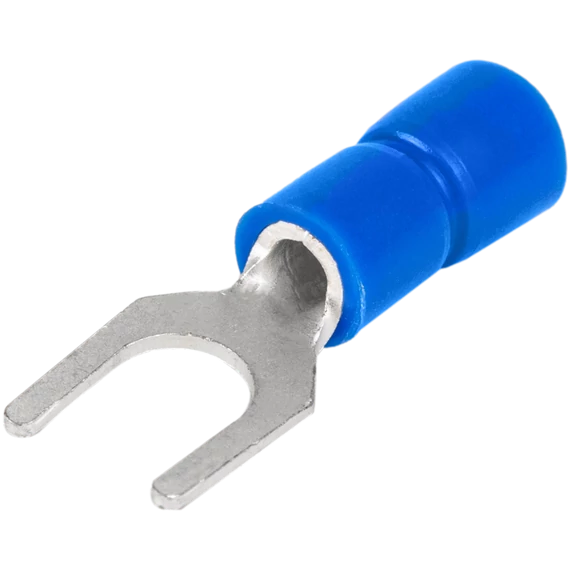 Szigetelt villás saru, ónozott elektrolitréz, kék 2,5mm2, M6, (d1=2,3mm, d2=6,4mm), PVC KV6