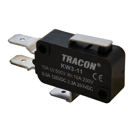 Helyzetkapcsoló, mikro, rugószáras 1×CO 10A/230VAC, 0,3A/250VDC, 15mm, 6,3x0,8 mm, IP00 KW3-11