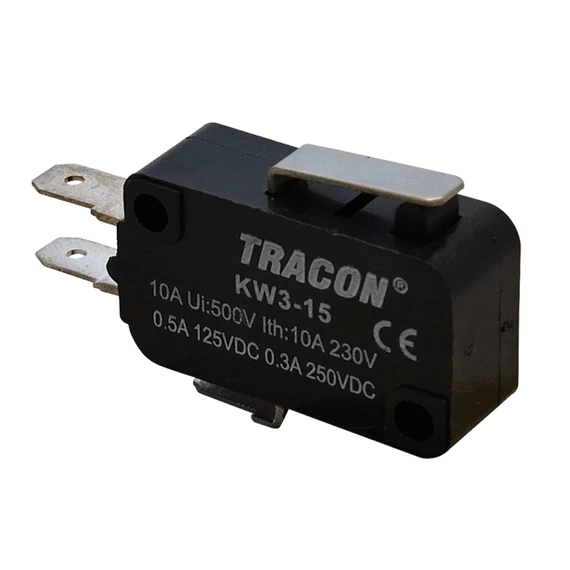 Helyzetkapcsoló, mikro, rugószáras 1×CO 10A/230VAC, 0,3A/250VDC, 15mm, 4,8x0,5 mm, IP00 KW3-15