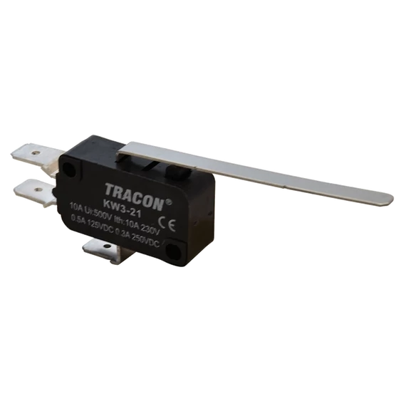 Helyzetkapcsoló, mikro, rugószáras 1×CO 10A/230VAC, 0,3A/250VDC, 52mm, 6,3x0,8 mm, IP00 KW3-21