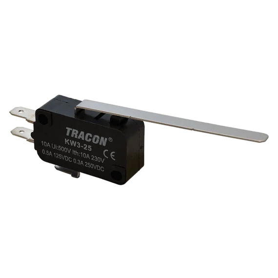 Helyzetkapcsoló, mikro, rugószáras 1×CO 10A/230VAC, 0,3A/250VDC, 52mm, 4,8x0,5 mm, IP00 KW3-25