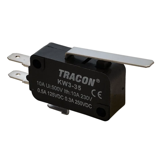 Helyzetkapcsoló, mikro, rugószáras 1×CO 10A/230VAC, 0,3A/250VDC, 28mm, 4,8x0,5 mm, IP00 KW3-35