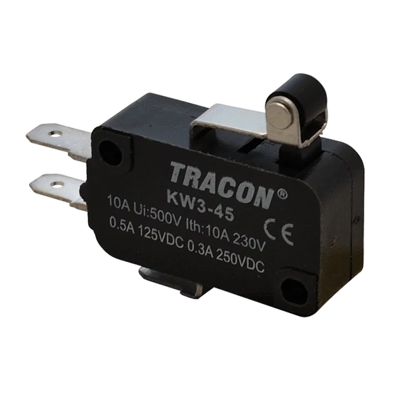 Helyzetkapcsoló, mikro, karos-görgős 1×CO 10A/230VAC, 0,3A/250VDC, 15mm, 4,8x0,5 mm, IP00 KW3-45