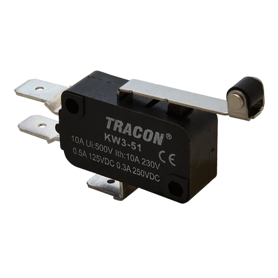 Helyzetkapcsoló, mikro, karos-görgős 1×CO 10A/230VAC, 0,3A/250VDC, 28mm, 6,3x0,8 mm, IP00 KW3-51