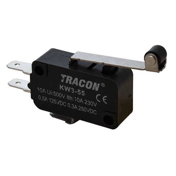 Helyzetkapcsoló, mikro, karos-görgős 1×CO 10A/230VAC, 0,3A/250VDC, 28mm, 4,8x0,5 mm, IP00 KW3-55