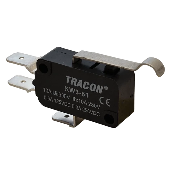 Helyzetkapcsoló, mikro, íves-rugószár 1×CO 10A/230VAC, 0,3A/250VDC, 28mm, 6,3x0,8 mm, IP00 KW3-61