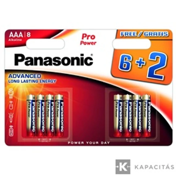 Panasonic LR03PPG/8BW 6+2F 1.5V AAA/mikro tartós alkáli elem 8 db/csomag; az ár 1db -ra értendő               