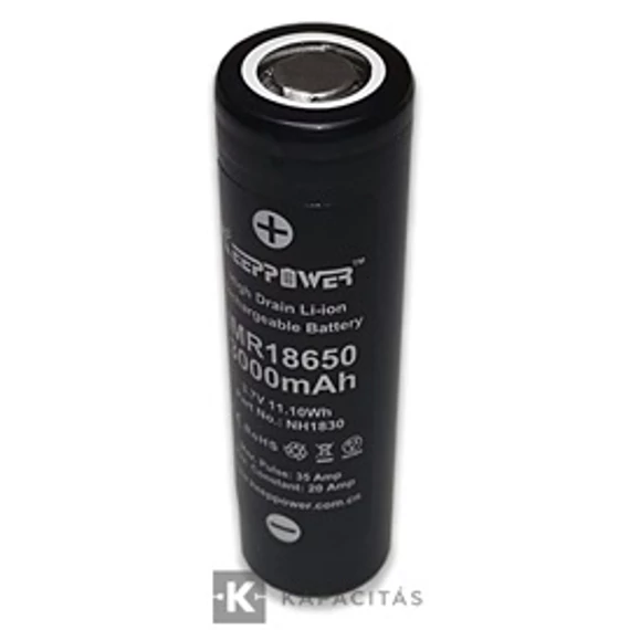 KeepPower 18650 3.7V 3000mAh 20A védett Li-ion nagyáramú akkumulátor e-cigarettához NH1830; 2db/csomag        