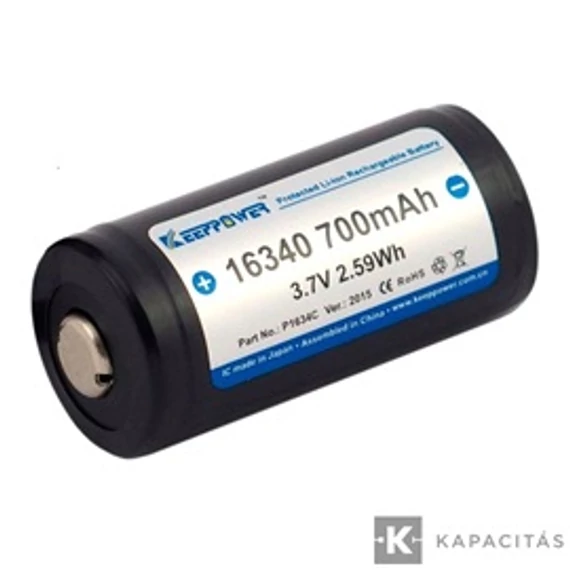 KeepPower CR123 3.7V 700mAh Li-ion akkumulátor védelemmel; 2db/csomag ; az ár 1db -ra értendő                 