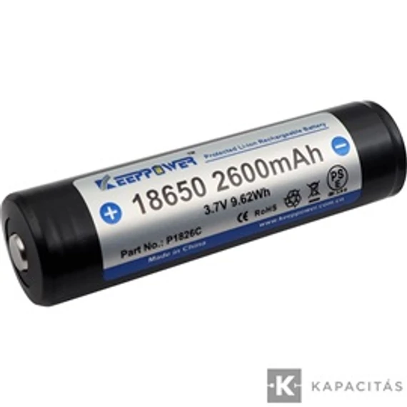 KeepPower 18650 3.7V 2600mAh védett Li-ion akkumulátor P1826C; 2db/csomag ; az ár 1db -ra értendő             