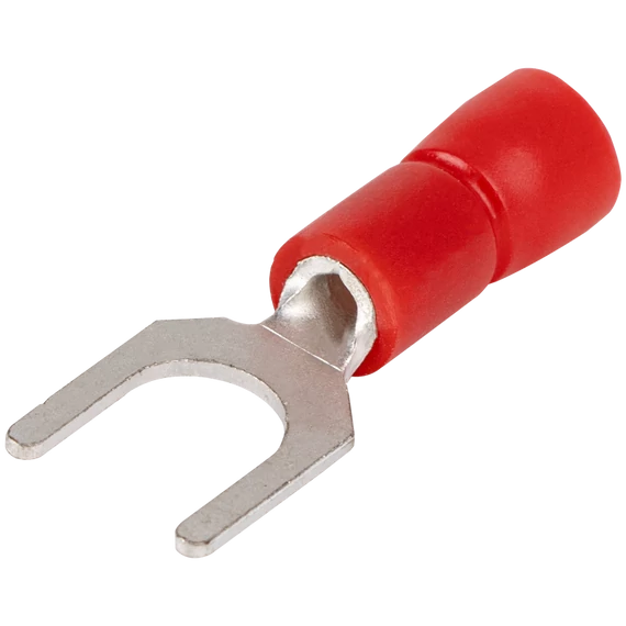 Szigetelt villás saru, ónozott elektrolitréz, piros 1,5mm2, M4, (d1=1,7mm, d2=4,3mm), PVC PV4