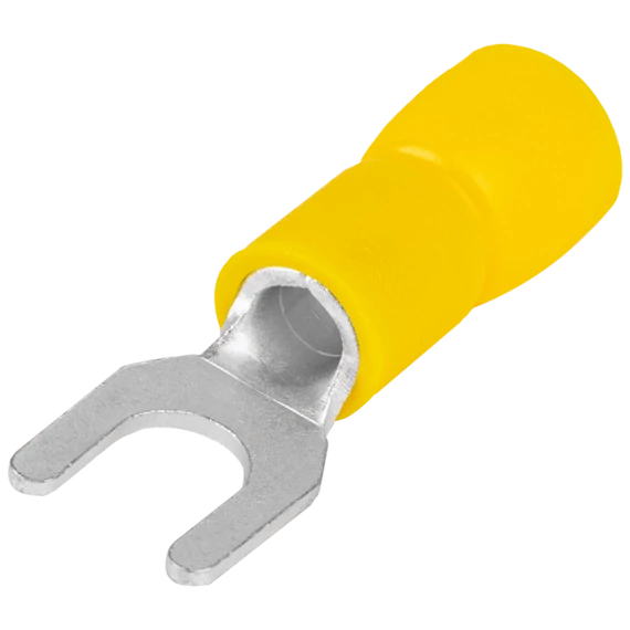 Szigetelt villás saru, ónozott elektrolitréz, sárga 6mm2, M4, (d1=3,4mm, d2=4,3mm), PVC SV4