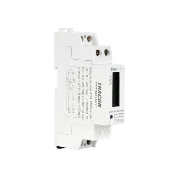 Digitális fogyasztásmérő, 1 fázisú almérő DIN sínre, 1 modul, 230V AC / 5(40) A TRACON TVOF11