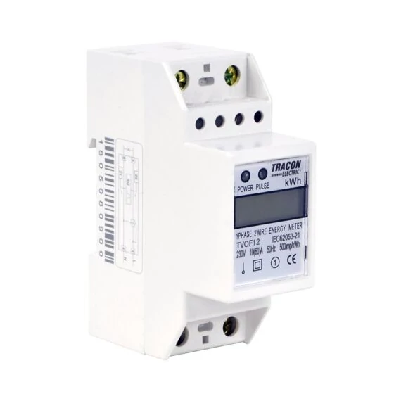 Digitális fogyasztásmérő, 1 fázisú almérő DIN sínre, 2 modul, 230V AC / 10(60) A  Tracon TVOF12