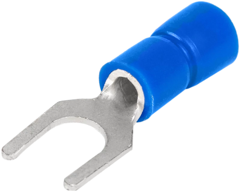 Szigetelt villás saru, ónozott elektrolitréz, kék 2,5mm2, M6, (d1=2,3mm, d2=6,4mm), PVC KV6