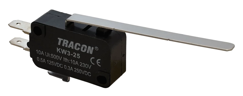 Helyzetkapcsoló, mikro, rugószáras 1×CO 10A/230VAC, 0,3A/250VDC, 52mm, 4,8x0,5 mm, IP00 KW3-25
