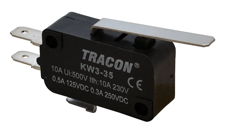 Helyzetkapcsoló, mikro, rugószáras 1×CO 10A/230VAC, 0,3A/250VDC, 28mm, 4,8x0,5 mm, IP00 KW3-35