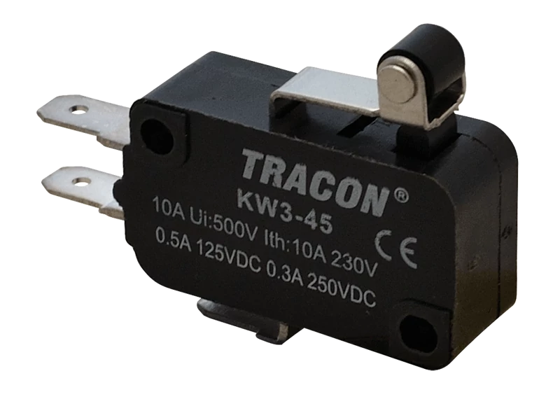 Helyzetkapcsoló, mikro, karos-görgős 1×CO 10A/230VAC, 0,3A/250VDC, 15mm, 4,8x0,5 mm, IP00 KW3-45