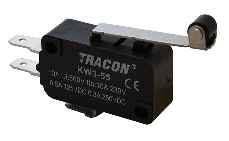 Helyzetkapcsoló, mikro, karos-görgős 1×CO 10A/230VAC, 0,3A/250VDC, 28mm, 4,8x0,5 mm, IP00 KW3-55