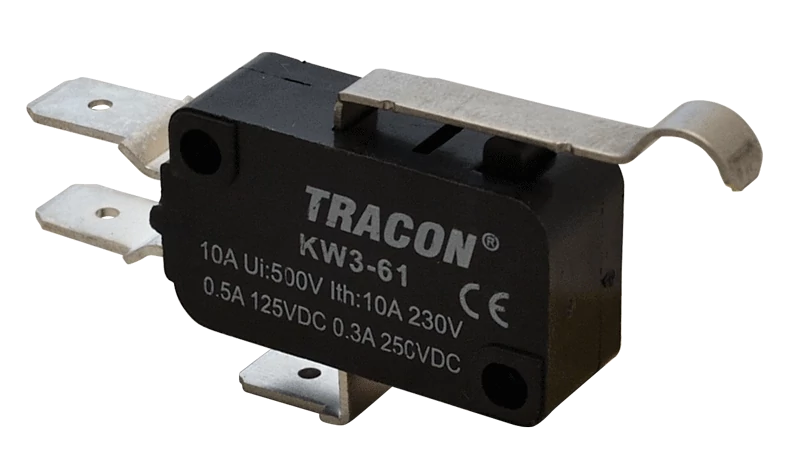 Helyzetkapcsoló, mikro, íves-rugószár 1×CO 10A/230VAC, 0,3A/250VDC, 28mm, 6,3x0,8 mm, IP00 KW3-61