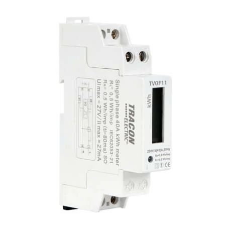 Digitális fogyasztásmérő, 1 fázisú almérő DIN sínre, 1 modul, 230V AC / 5(40) A TRACON TVOF11