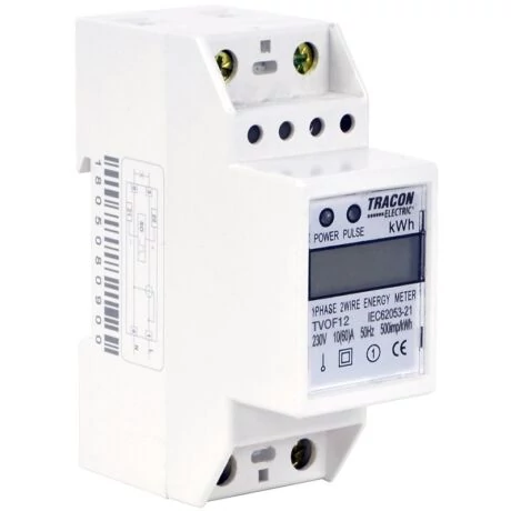 Digitális fogyasztásmérő, 1 fázisú almérő DIN sínre, 2 modul, 230V AC / 10(60) A  Tracon TVOF12