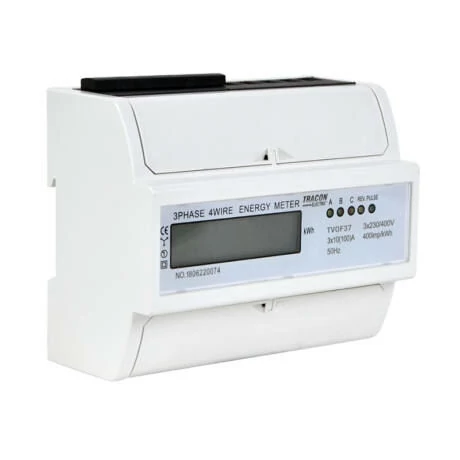 Digitális fogyasztásmérő, 3 fázisú almérő DIN sínre, 7 modul, 230V AC / 10(100)A TRACON TVOF37