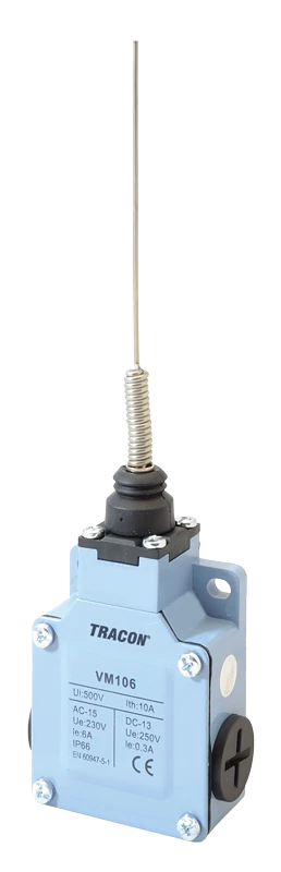 Helyzetkapcsoló, rugós-pálcás fémházas 1xNO+1xNC, 6A/230V AC-15, 0,3A/250V DC-13, IP66 VM106