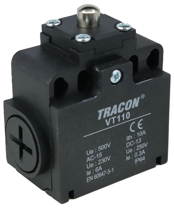 Helyzetkapcsoló, kúpos-ütközős 1xNO+1xNC, 6A/230V AC-15, 0,3A/250V DC-13, IP65 VT110